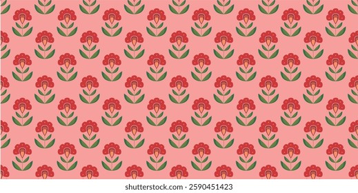 Seamless Folk Art Floral Pattern – Retro Stylized Flowers on Warm Pastel Background