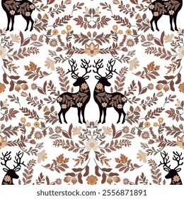 Seamless folk art pattern with deer and flowers on a dark background. Inspired by Scandinavian traditional motifs, perfect for textiles, wallpapers, gift wrap, and decor projects.