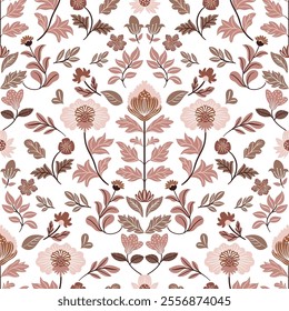 Seamless folk art pattern featuring flowers on a white background. Inspired by Scandinavian traditions and enhanced with the 2025 trendy color "Mocha Mousse." Ideal for decor and designs.