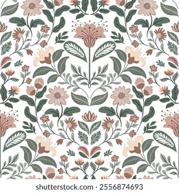 Seamless folk art pattern with flowers on a white background, inspired by Scandinavian motifs. Features the trendy 2025 color "Mocha Mousse." Perfect for textiles, decor, and creative projects.