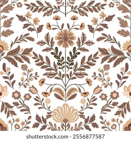 Seamless folk art pattern with flowers on a white background, inspired by Scandinavian motifs. Features the trendy 2025 color "Mocha Mousse." Perfect for textiles, decor, and creative projects