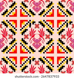 Seamless Folk Art Pattern with Pixel Heart and Bird Motifs, Red and Black Geometric Shapes, Yellow Accents, and Traditional Cross Stitch Design – Ethnic Decorative Textile Background for Fabric 