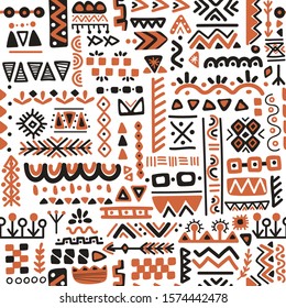 Seamless folk art pattern in Scandinavian style. Nordic ornament background with runes and decorative elements. Folklore vector illustration. Perfect for wrapping paper, wallpaper, textile design