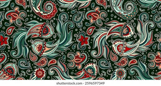 Seamless Folk Art Vector Paisley Pattern With Koi Fish In Traditional Boho Exotic Ethnic Motif Fishes