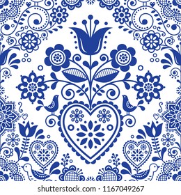 Seamless folk art vector pattern with birds and flowers, Scandinavian or Nordic navy blue repetitive floral design. Retro style navy blue ornament, Scandi endless background perfect for textile design