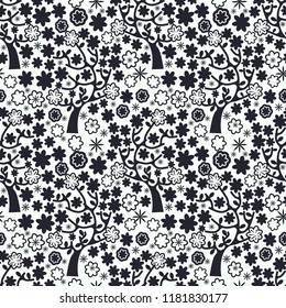 Seamless folk art vector pattern with birds and flowers, Scandinavian black and white repetitive floral design.Retro style monochrome ornament, Scandi endless background perfect for textile design