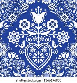 Seamless folk art vector pattern with birds and flowers, Scandinavian or Nordic in navy blue and white repetitive floral design. 
Retro style indigo ornament, Scandi endless background 