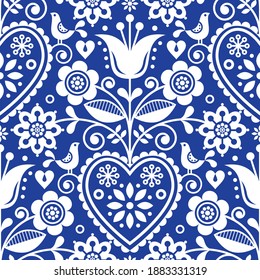 Seamless folk art vector pattern with birds and flowers, Scandinavian or Nordic floral design in white on navy blue background. Retro style indigo ornament, textile or farbric print design 