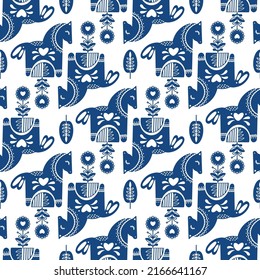 Seamless folk art vector pattern with horses  and flowers. Scandinavian navy blue repetitive floral and animal design. Retro style navy blue ornament, Scandi endless background.