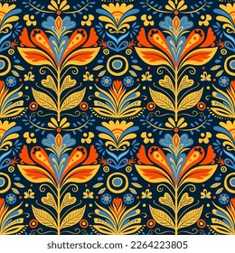 Patrón vectorial de arte folclórico sin foco con aves y flores, diseño floral repetitivo escandinavo o nórdico azul marino. Ornamento azul marino de estilo retro, fondo infinito escandalo perfecto para el diseño textil