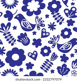 Seamless folk art vector pattern with birds and flowers, Scandinavian navy blue repetitive floral design. Retro style navy blue ornament, Scandi endless background perfect for textile design wallpaper