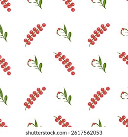 A seamless folk art vector pattern featuring clusters of red berries and green leaves on a white background. The design is simple and elegant, suitable for textiles or wallpapers.