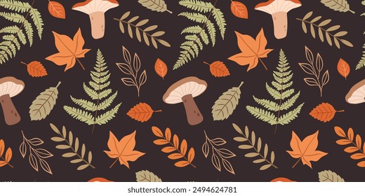 Seamless folk autumn pattern with leaves, forest plants and mushrooms
