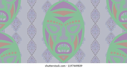 Seamless Folk Background. Ethnic Seamless Background with Color Trible Shamanic Masks for Dress, Curtain, Paper. Modern Abstract Back