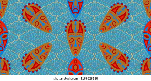 Seamless Folk Background. Ethnic Seamless Background with Color Trible Shamanic Masks for Calico, Print, Textile. Trendy Abstract Motif with Colorful Scary Masks for your Design. Vector Texture.