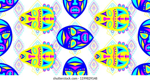 Seamless Folk Background. Ethnic Seamless Background with Color Trible Shamanic Masks for Cotton, Print, Textile. Modern Abstract Back