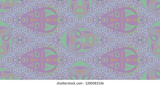 Seamless Folk Background. Ethnic Seamless Background with Color Trible Shamanic Masks for Dress, Curtain, Tablecloth. Vintage Abstract Motif with Colorful Scary Masks for your Design. Vector Texture.