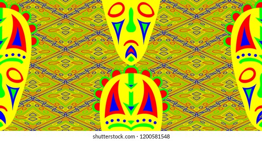 Seamless Folk Background. Ethnic Seamless Background with Color Trible Shamanic Masks for Cotton, Print, Calico. Retro Folk