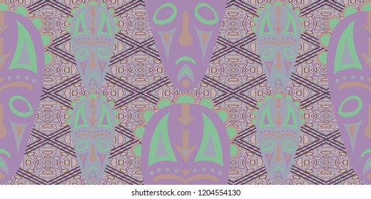 Seamless Folk Background. Ethnic Seamless Background with Color Trible Shamanic Masks for Dress, Paper, Tablecloth. Vintage Folk