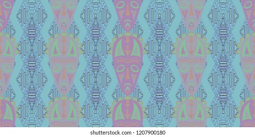Seamless Folk Background. Ethnic Seamless Background with Color Trible Shamanic Masks for Print, Fabric, Textile. Trendy Folk