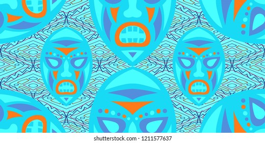Seamless Folk Background. Ethnic Seamless Background with Color Trible Shamanic Masks for Wallpaper, Fabric, Textile. Retro Folk