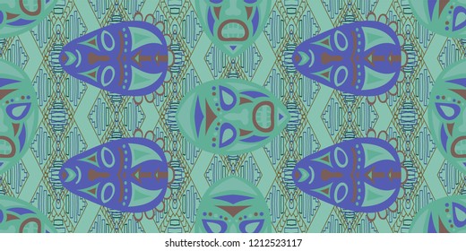 Seamless Folk Background. Ethnic Seamless Background with Color Trible Shamanic Masks for Chintz, Linen, Wallpaper. Retro Abstract Back