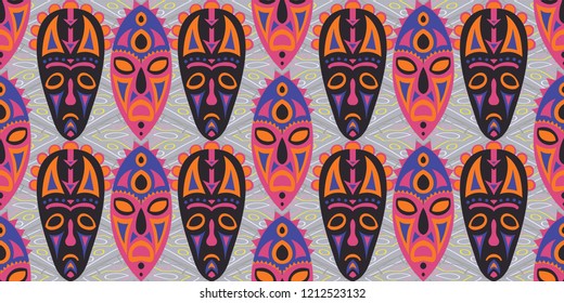 Seamless Folk Background. Ethnic Seamless Background with Color Trible Shamanic Masks for Print, Fabric, Textile. Trendy Abstract Back