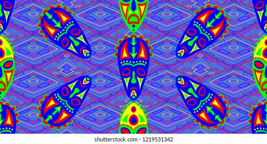 Seamless Folk Background. Ethnic Seamless Background with Color Trible Shamanic Masks for Wallpaper, Cotton, Textile. Modern Abstract Back