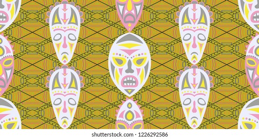 Seamless Folk Background. Ethnic Seamless Background with Color Trible Shamanic Masks for Cotton, Print, Textile. Retro Folk