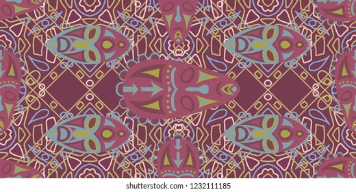 Seamless Folk Background. Ethnic Seamless Background with Color Trible Shamanic Masks for Wallpaper, Cotton, Textile. Vintage Abstract Back