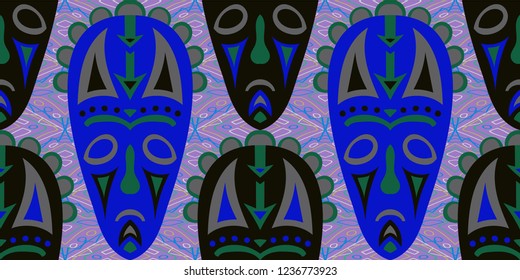 Seamless Folk Background. Ethnic Seamless Background with Color Trible Shamanic Masks for Chintz, Linen, Paper. Modern Folk