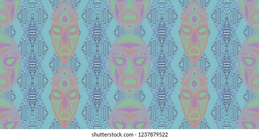 Seamless Folk Background. Ethnic Seamless Background with Color Trible Shamanic Masks for Wallpaper, Print, Textile. Retro Folk