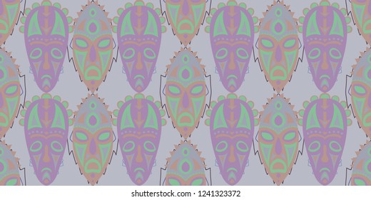 Seamless Folk Background. Ethnic Seamless Background with Color Trible Shamanic Masks for Dress, Paper, Tablecloth. Vintage Abstract Motif with Colorful Scary Masks for your Design. Vector Texture.