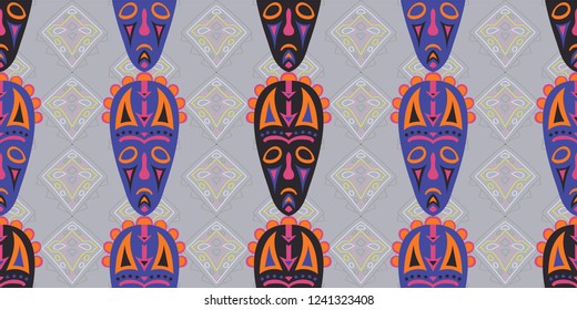 Seamless Folk Background. Ethnic Seamless Background with Color Trible Shamanic Masks for Wallpaper, Cotton, Textile. Retro Folk