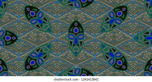 Seamless Folk Background. Ethnic Seamless Background with Color Trible Shamanic Masks for Wallpaper, Cotton, Textile. Trendy Abstract Motif with Colorful Scary Masks for your Design. Vector Texture.