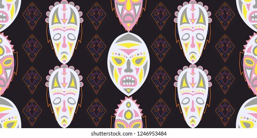 Seamless Folk Background. Ethnic Seamless Background with Color Trible Shamanic Masks for Cotton, Print, Textile. Vintage Abstract Back