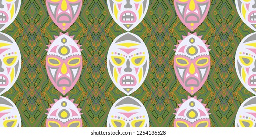 Seamless Folk Background. Ethnic Seamless Background with Color Trible Shamanic Masks for Print, Cloth, Fabric. Trendy Abstract Motif with Colorful Scary Masks for your Design. Vector Texture.
