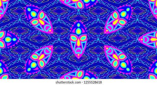Seamless Folk Background. Ethnic Seamless Background with Color Trible Shamanic Masks for Chintz, Linen, Paper. Vintage Folk