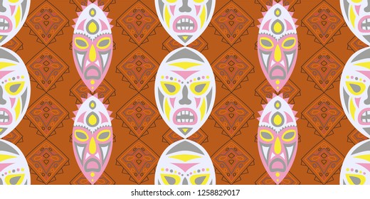 Seamless Folk Background. Ethnic Seamless Background with Color Trible Shamanic Masks for Print, Fabric, Textile. Trendy Abstract Motif with Colorful Scary Masks for your Design. Vector Texture.