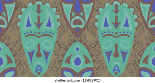 Seamless Folk Background. Ethnic Seamless Background with Color Trible Shamanic Masks for Cotton, Print, Calico. Modern Folk