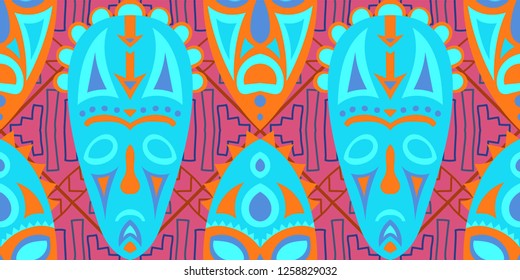 Seamless Folk Background. Ethnic Seamless Background with Color Trible Shamanic Masks for Cotton, Calico, Textile. Retro Folk