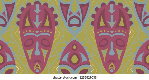 Seamless Folk Background. Ethnic Seamless Background with Color Trible Shamanic Masks for Cotton, Print, Calico. Trendy Folk