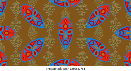 Seamless Folk Background. Ethnic Seamless Background with Color Trible Shamanic Masks for Chintz, Curtain, Paper. Trendy Abstract Back