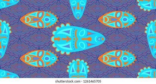 Seamless Folk Background. Ethnic Seamless Background with Color Trible Shamanic Masks for Wallpaper, Print, Textile. Retro Abstract Back