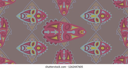 Seamless Folk Background. Ethnic Seamless Background with Color Trible Shamanic Masks for Print, Fabric, Textile.  Retro Abstract Back