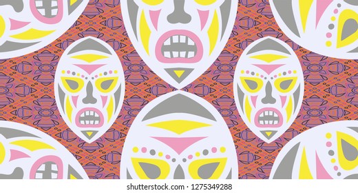 Seamless Folk Background. Ethnic Seamless Background with Color Trible Shamanic Masks for Print, Cloth, Textile. Vintage Abstract Back
