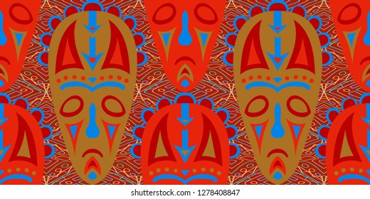 Seamless Folk Background. Ethnic Seamless Background with Color Trible Shamanic Masks for Wallpaper, Print, Textile. Trendy Abstract Motif with Colorful Scary Masks for your Design. Vector Texture.