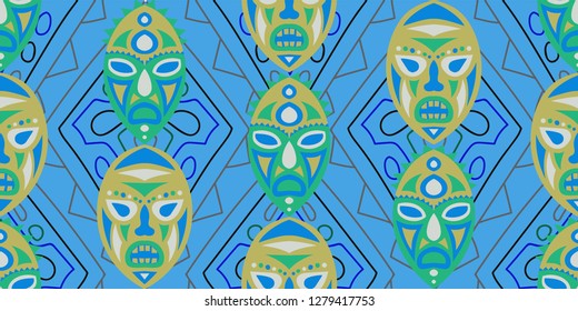 Seamless Folk Background. Ethnic Seamless Background with Color Trible Shamanic Masks for Fabric, Cloth, Textile. Trendy Abstract Back