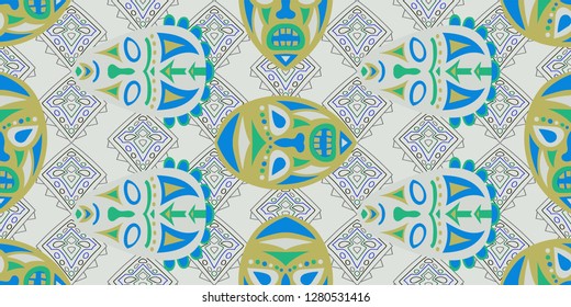 Seamless Folk Background. Ethnic Seamless Background with Color Trible Shamanic Masks for Calico, Print, Textile. Vintage Abstract Back