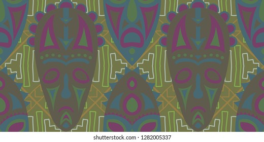 Seamless Folk Background. Ethnic Seamless Background with Color Trible Shamanic Masks for Print, Cloth, Textile. Retro Abstract Motif with Colorful Scary Masks for your Design. Vector Texture.